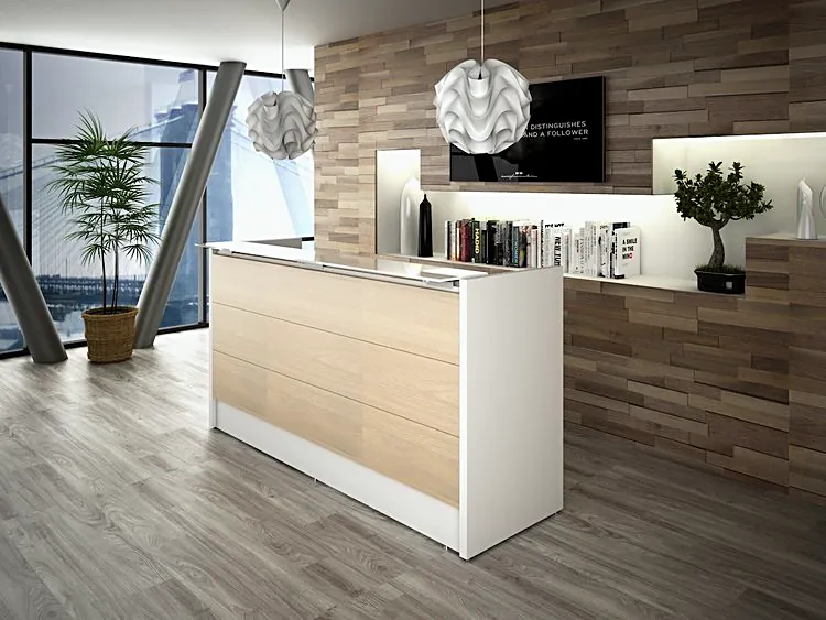 Render: recepción en madera